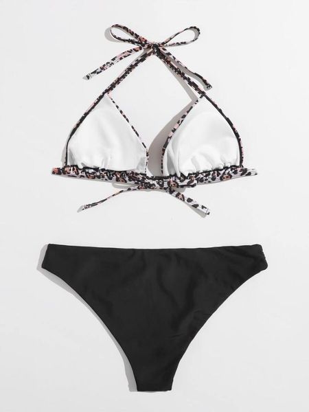 

women's swimwear leopard halter triangle bikini swimsuit, White;black