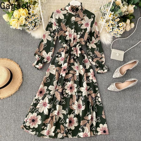 

casual dresses gagaok women vintage dress early spring stand floral button puff sleeve empire a-line chic slim female fashion, Black;gray