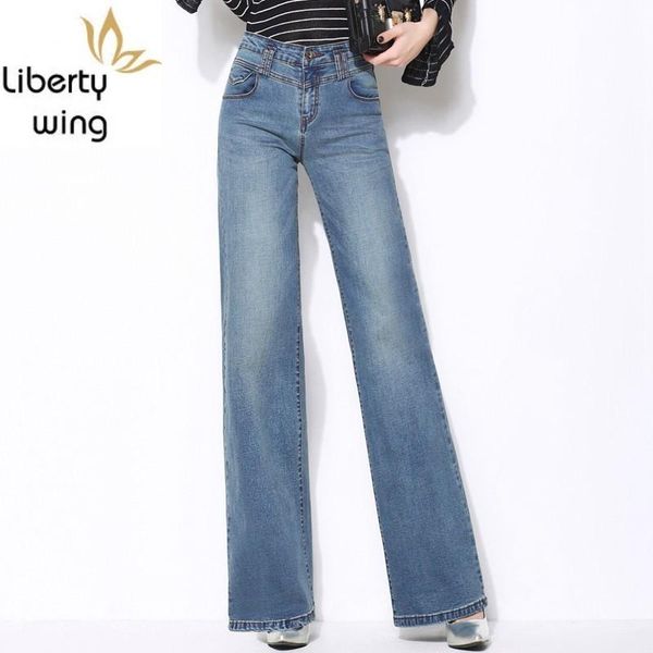 

women's jeans autumn chic denim wide leg full length high waist loose fit womens plus size flare pants retro pantalon femme, Blue