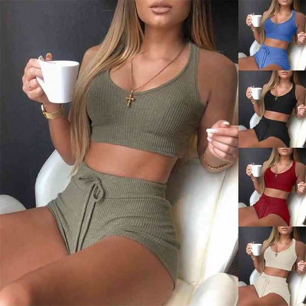 

two piece yoga sets women outfits solid color tracksuit ladies fashion cropped tank sports shorts female suit 210802, Gray