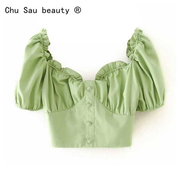 

women's blouses & shirts 2021 summer slim vintage chic green square collar ruffle short puff sleeve casual cropped woman, White