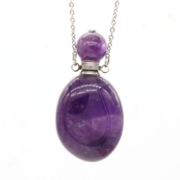 

pendant necklaces trendy-beads stainless steel natural purple amethysts stone perfume bottle necklace can open jewelry, Silver