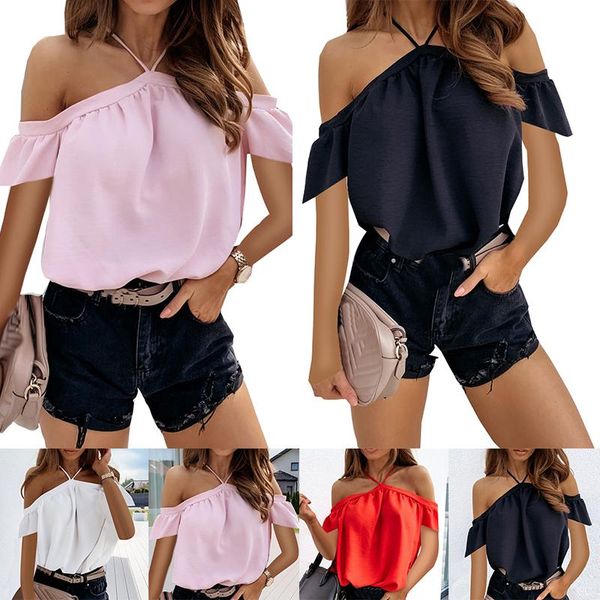 

women's blouses & shirts fashion summer off shoulder elegant ruffled halter women blouse backless solid color black soft, White