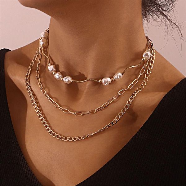 

chains vintage imitation pearl gold safety chain multi layered necklace for women cuban wave choker good quality jewelry, Silver