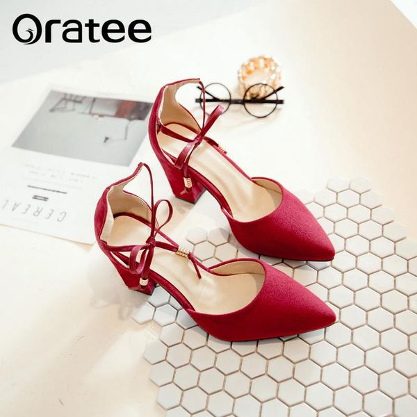 

dress shoes plus size 31-43 pointed toe strappy pumps retro high thick heels 2021 woman female lace up 3 colors, Black