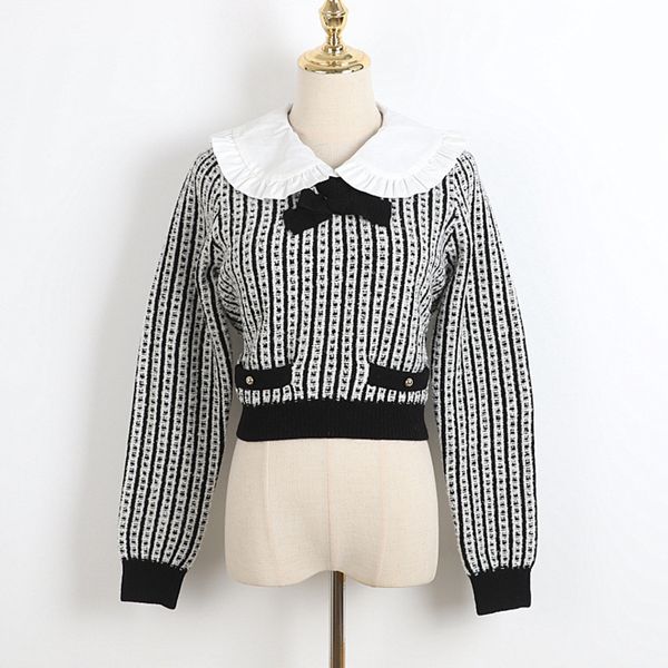 

women's long sved black lapel sweater, spring 2021, White;black