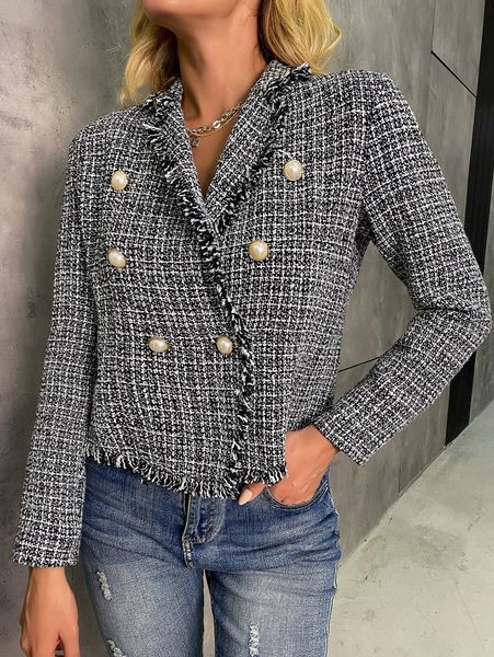 

lapel neck raw trim double breasted plaid tweed blazer m7lw#, White;black