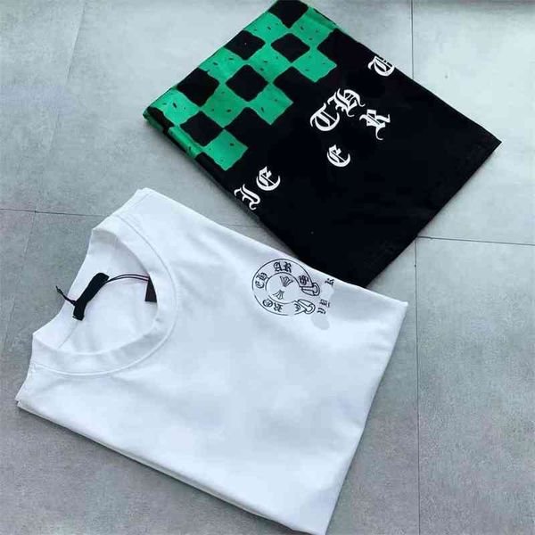 

spring and summer new fashion brand checkerboard green printing simple fresh couple short sleeves, White