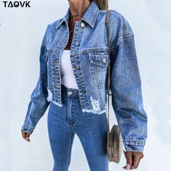 

women's jackets taovk jean women denim jeans clothes fashion casual pockets flayed holes short coat slim fit streetwear, Black;brown
