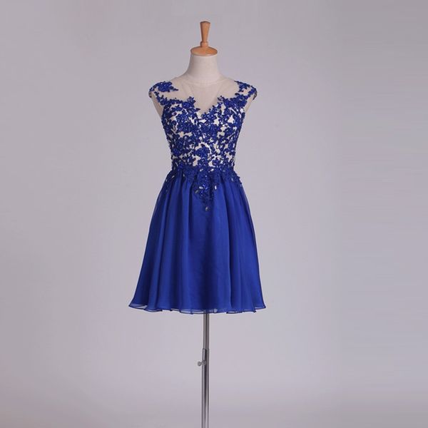 Royal Blue Beaded Cocktail Vestidos Sheer Jewel Golvão Knee Comprimento Chiffon Backless Formal Party Prom vestido feito sob encomenda feitos