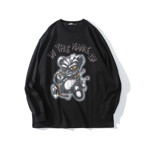 

high street hip hop dark devil bear printed long sleeve pullover autumn and winter men oversize large size sweater trend, Black