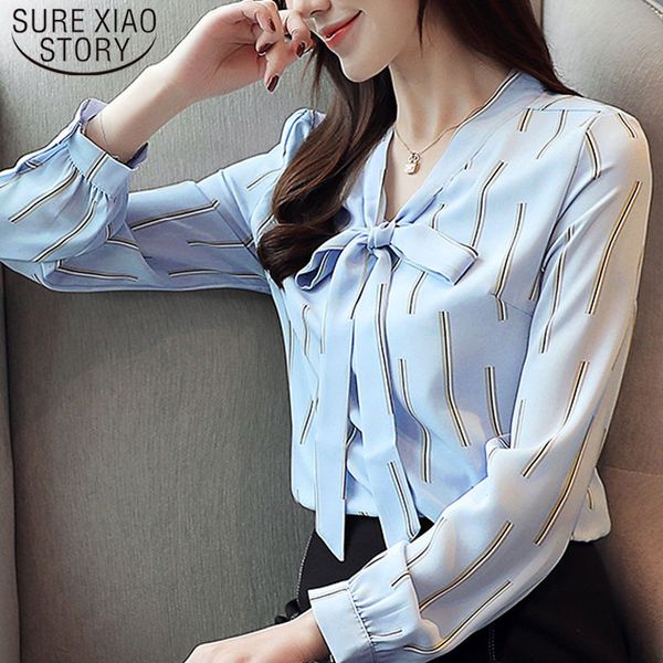 

autumn fashion long sleeve women striped chiffon blouses v-neck clothing blue casual office lady 5497 50 210510, White