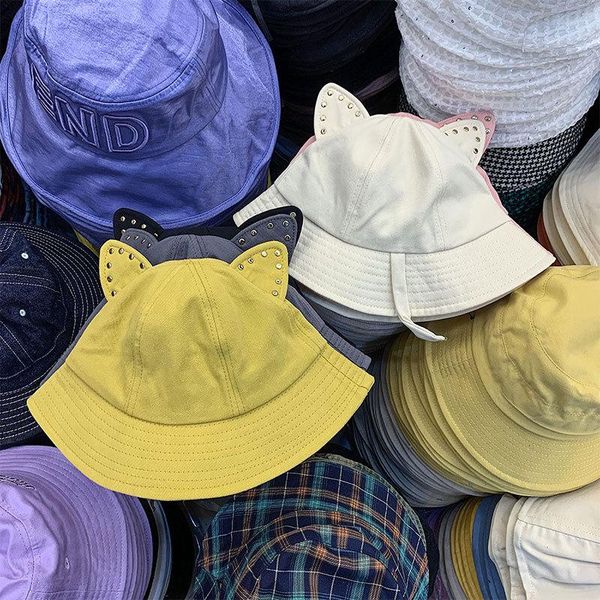 

cute cat ear dome bucket hat fashion rivet women yellow black soft fisher caps outdoors sun protection spring autumn 56-58cm wide brim hats, Blue;gray