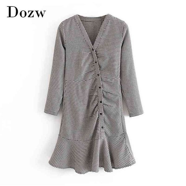 

vintage women v neck houndstooth dress chic plaid ruffled mini a line office ladies casual es vestido 210515, Black;gray
