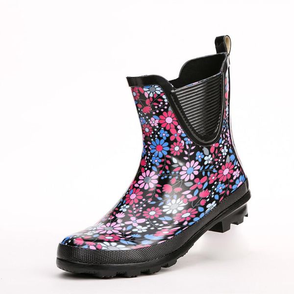 

boots swyivy rainboots shoes woman flower waterproof 2021 autumn mid rain female comfortable fashion water, Black