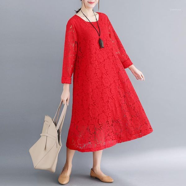 

casual dresses plus size loose lace women 2021 summer a-line 3xl hollow out office lady party quality, Black;gray