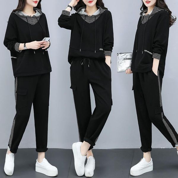 

women's two piece pants womens basic cotton oversize sweatshirts stripe pullover sets spring autumn hoodies+elastic waist casual suit s, White