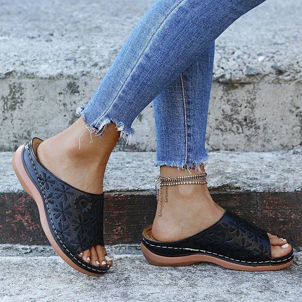 

sandals summer 2021 women's open toe orthopedic non-slip leather platform retro shoes casual high quality, Black