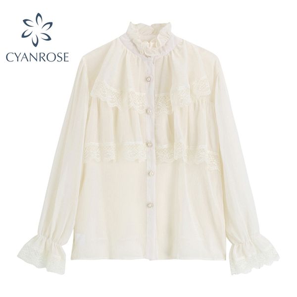 

chiffon korean blouses and shirts for ladies stylish flare long sleeve single breasted pearl spliced lace retro blusas 210430, White