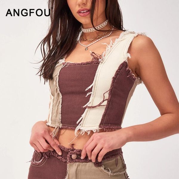 

crop ladies patchwork vest summer sleeveless denim cropped woman clothes women short tank club women's tanks & camis, White