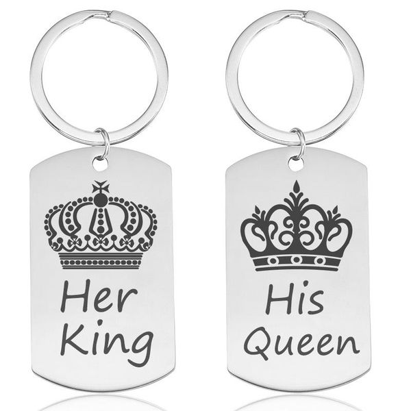 

keychains 10 pcs/lot lover her king his queen stainless steel crown engraved keyrings valentine's day gift couple keychain, Silver