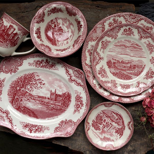 Inglaterra clássica rosa castelo estilo porcelana pratos pratos mansão de jardim vermelho prato de jantar cerâmica prato de cozinha churrast