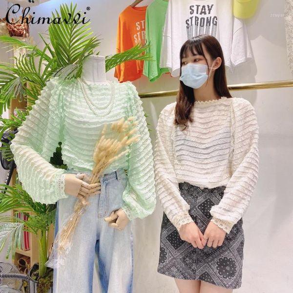 

spring retro court lace stringy selvedge women's blouse all-matching fahsion ruffled sleeves gentle sweet chiffon shirt blouses & shirt, White