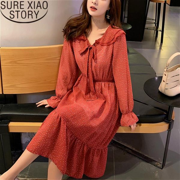 

casual dresses women dress 2021 a-line dot full cascading ruffle flare sleeve white and black elegant office lady 2605 50, Black;gray