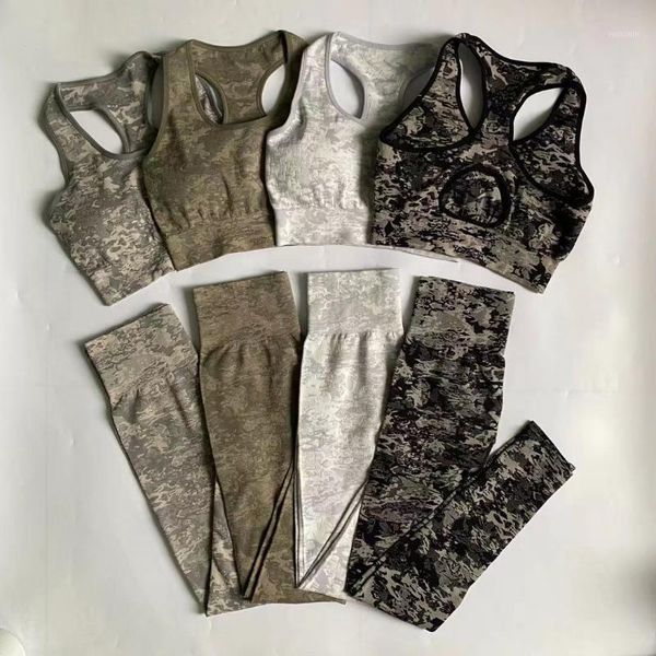 

yoga outfit 2 peice set seamless camo gym women fitness athletic sports suits high waist leggings+push up bra padded sportswear