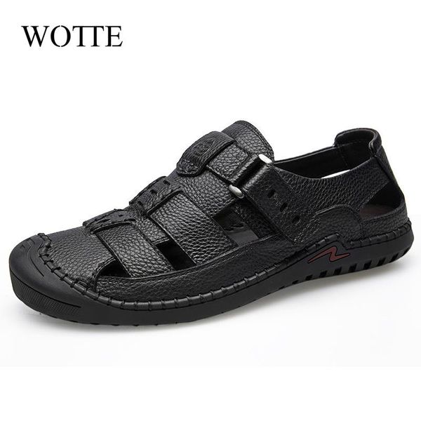 

sandals wotte men leather outdoor handmade fashion comfortable beach shoes sandale, Black