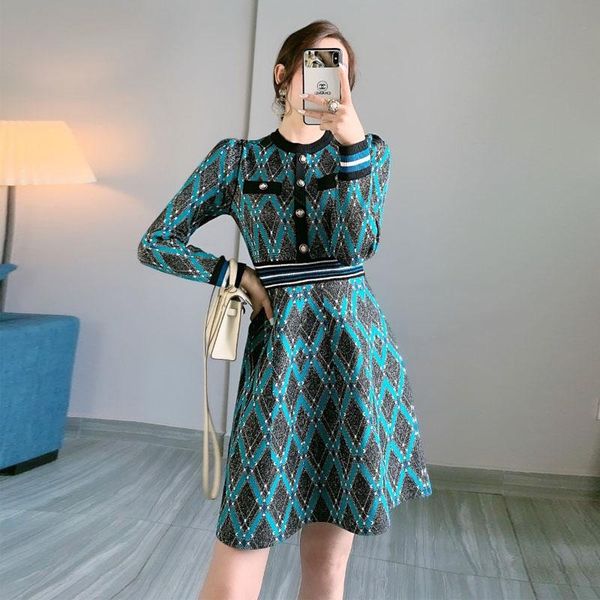 

fashion geometric plaid block color wool sweater dress 2021 spring autumn women elegant o-neck a line knitted sashes casual dresses, Black;gray