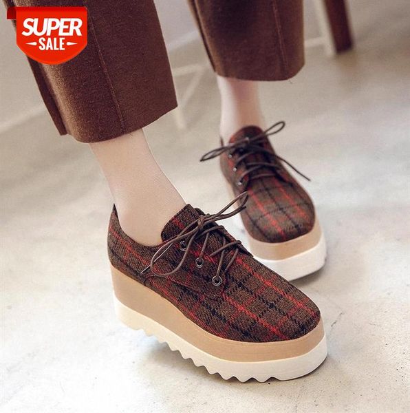 

women platform shoes oxfords brogue cotton fabric flats lace up shoes creepers vintage gingham light soles casual m418 #t05k