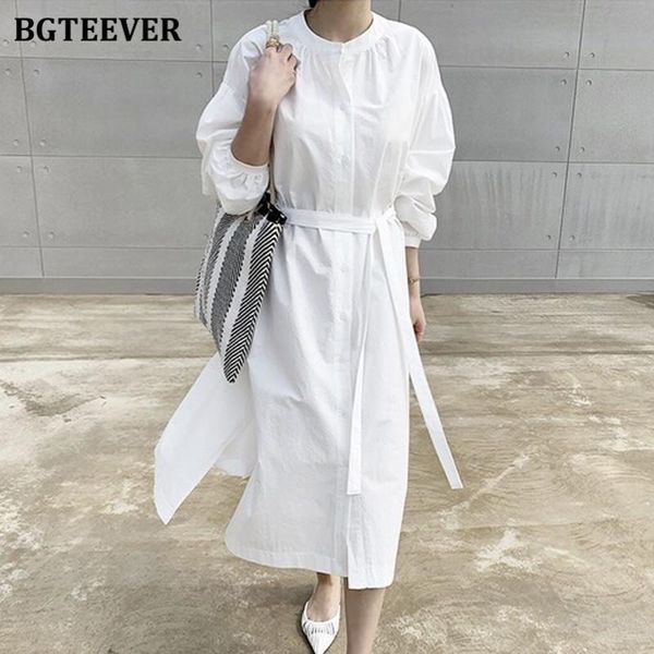 

casual dresses bgteever o-neck single-breasted women shirt dress long sleeve loose lace-up female side split 2021 autumn vestidos, Black;gray