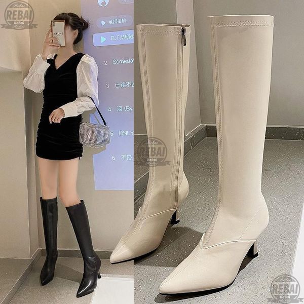 

boots 2021 women genuine leather knee high pointed toe thin heel slip on party club winter ladies footwear bottine femme, Black