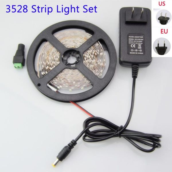 

5m led strip light 300 leds 3528 smd dc12v flexture string ribbon tape lamp + eu / us plug 2a power adapter dc strips