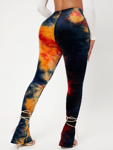 

sxy tie dye split hem leggings s3he#, Black
