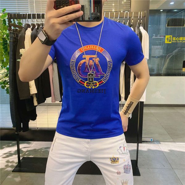 

t-shirt polo shirt short 2021 summer embroidered sequin slim round ne men's half sve, White;black