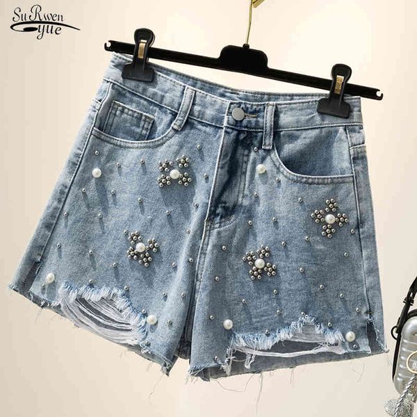 

summer korean short denim loose women casual plus size wide leg ladies s blue bead jeans femme 9842 210508, White;black