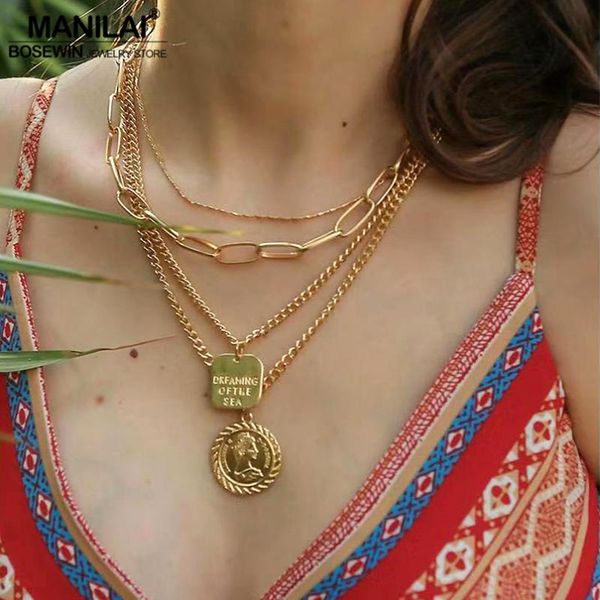 

pendant necklaces multilayer long chain necklace for women, vintage alloy coin necklace, gold color religious jewelry 2021, Silver