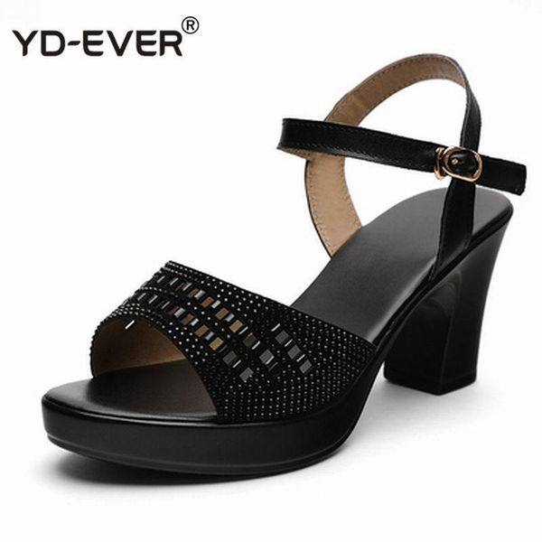

dress shoes 8cm high heels sandals women genuine leather hollow rhinestone platform open toe, Black