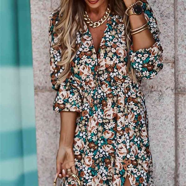 

autumn v neck long floral dress for women slim sleeve casual split print female boho elegant maxi party vestidos 210623, Black;gray