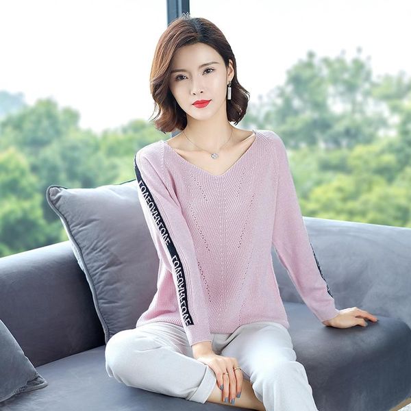 

women's sweaters pure color v-neck women sweater spring and autumn comfortable leisure pullover sleeve letters warm 2021, White;black