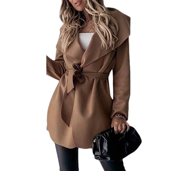 

women's trench coats elegant coat autumn winter solid cardigan with belt spring long sleeve women 2021, Tan;black