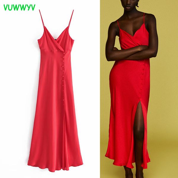 Verão Vestido Vermelho Cetim Camisole Sexy Strap Maxi Es Mulheres Backless Evening Party African Woman Front Buttons 210430
