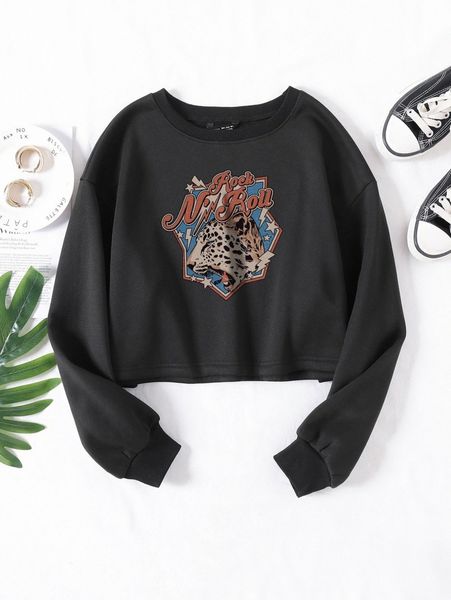 

leopard & letter graphic thermal lined sweatshirt c4zz#, White;black
