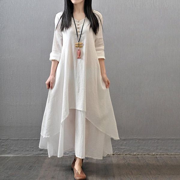 

casual dresses 2021 summer style fashion women peasant ethnic bohemian cotton linen long sleeve gypsy maxi dress, Black;gray