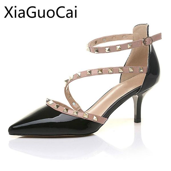 

dress shoes style rivets brand women pumps pointed toe casual female buckle strap thin heels lu3 35, Black