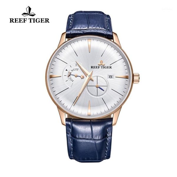 

reef tiger luxury automatic waterproof analog watches mens designer blue leather watch strap rga8219 wristwatches, Slivery;brown