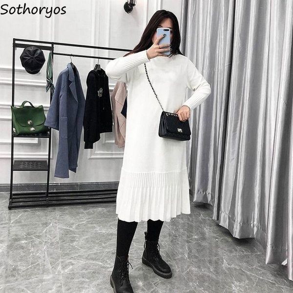 

casual dresses dress long-sleeve turtleneck winter plus size 3xl straight womens solid pleated draped elegant sweet girls simple patchwork c, Black;gray
