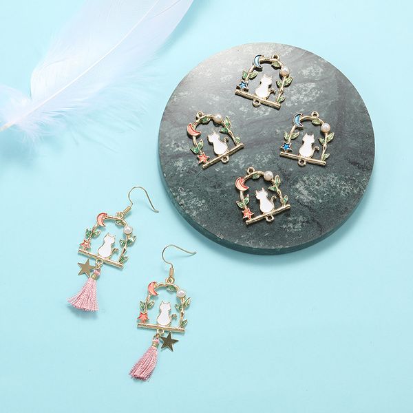 

10pcs drop oil moon cat metal enamel charms connectors wreath kitty pendants floating diy earring jewelry accessories handmade, Bronze;silver